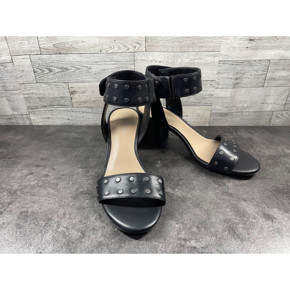 Lord & Taylor 424 Fifth Sandals Women 7.5M Block Heel Shoes Black Leather Studs